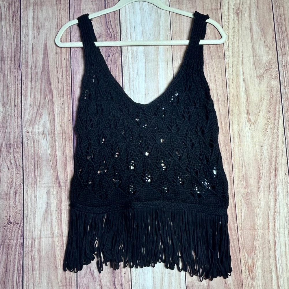 Zara Crochet Tank Top Women Small Black Fringe Pointelle Boho Festival